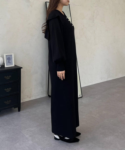 珍珠紐扣水手領針織連衣裙