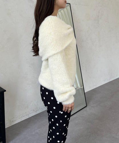 【前後兩穿】一字肩蝴蝶結毛絨針織衫