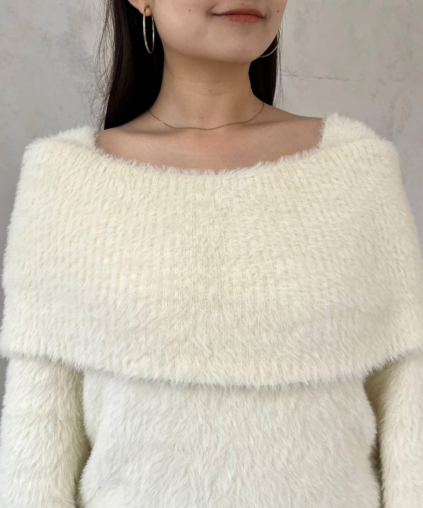 【前後兩穿】一字肩蝴蝶結毛絨針織衫