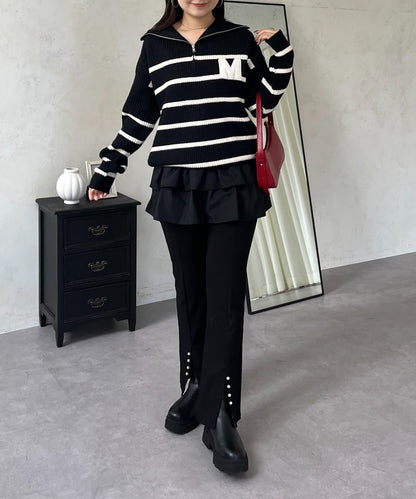 徽章標誌半拉鍊條紋針織衫