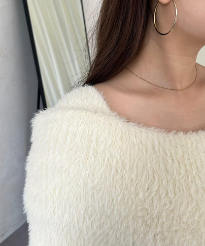 【前後兩穿】一字肩蝴蝶結毛絨針織衫