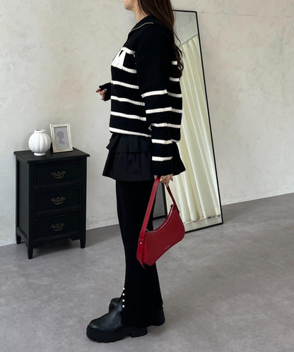 徽章標誌半拉鍊條紋針織衫