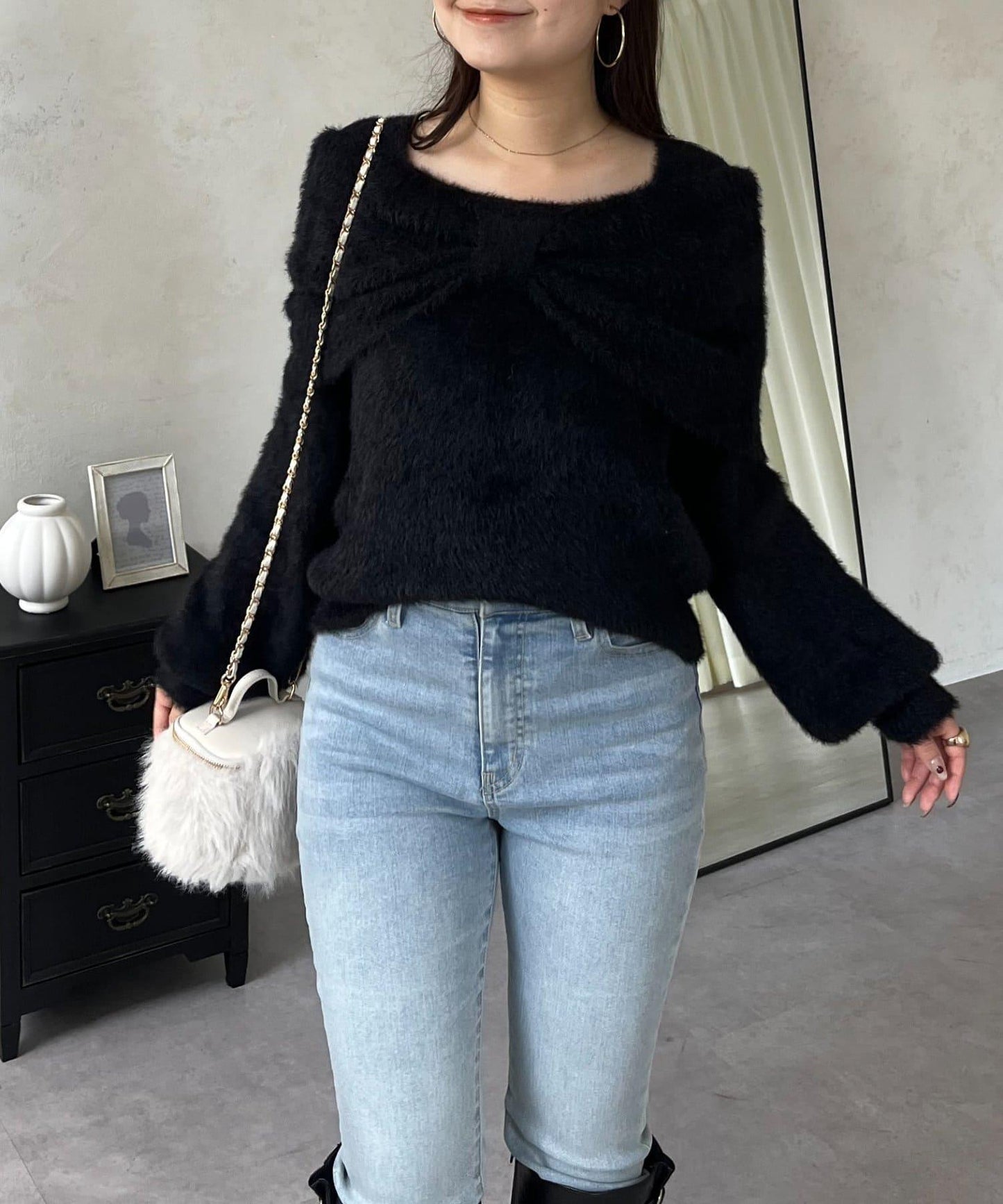 【前後兩穿】一字肩蝴蝶結毛絨針織衫