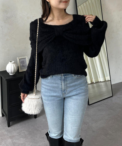 【前後兩穿】一字肩蝴蝶結毛絨針織衫