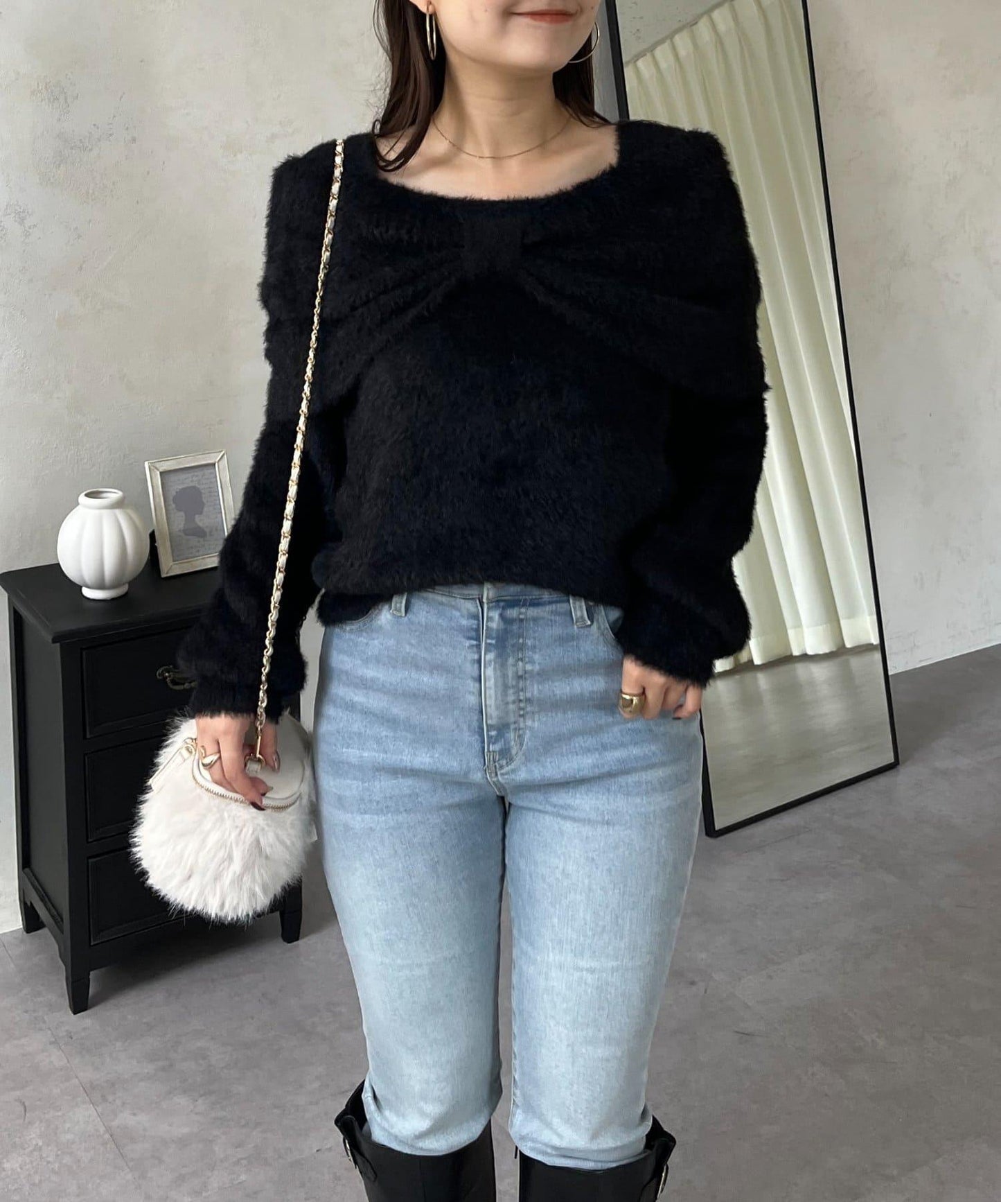 【前後兩穿】一字肩蝴蝶結毛絨針織衫