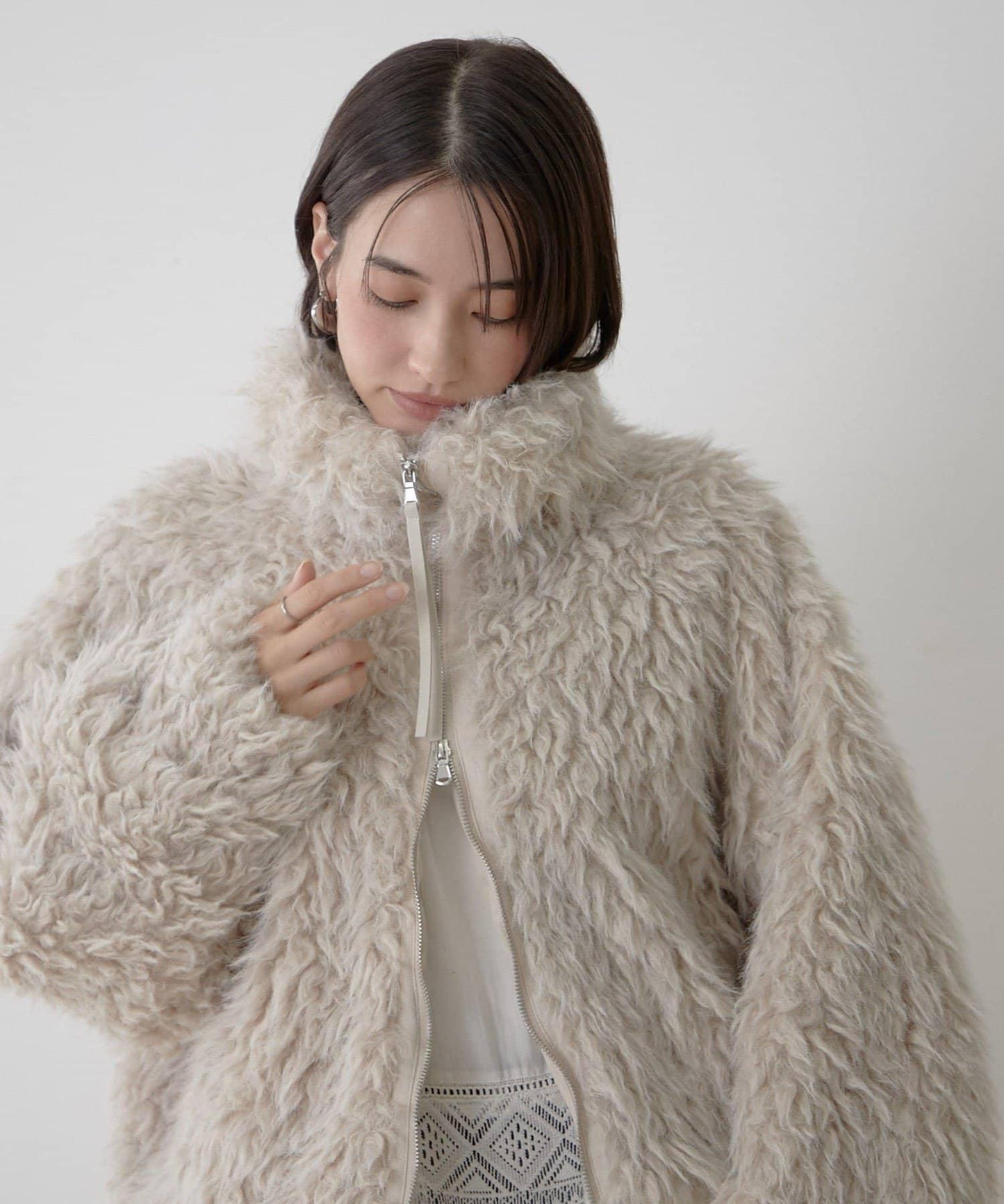 【nane】【Suzuki セレクト】雙拉鍊拼接仿毛皮飛行夾克