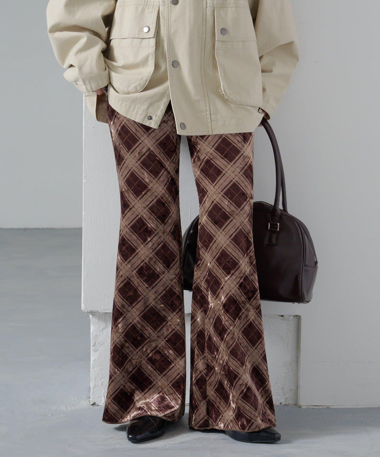 【Kastane】格紋天鵝絨喇叭褲