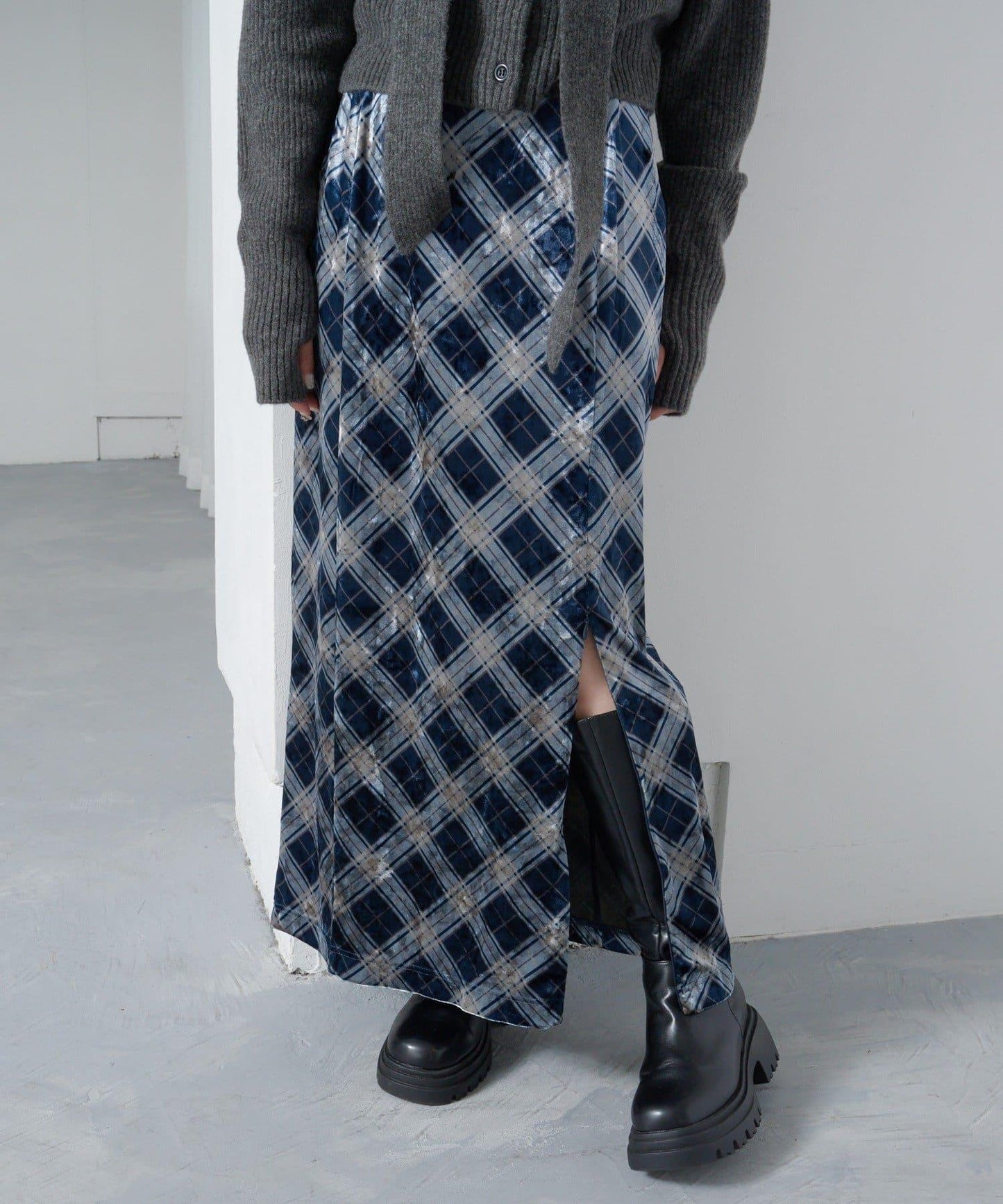 【Kastane】格紋天鵝絨半身裙