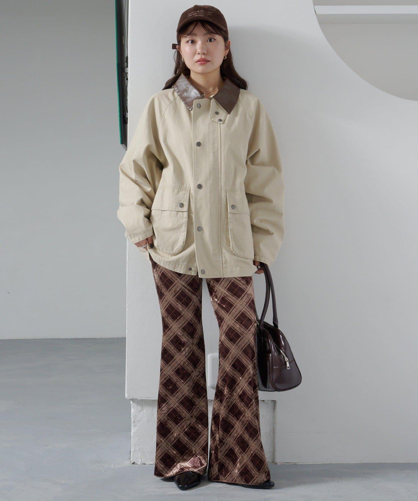 【Kastane】格紋天鵝絨喇叭褲