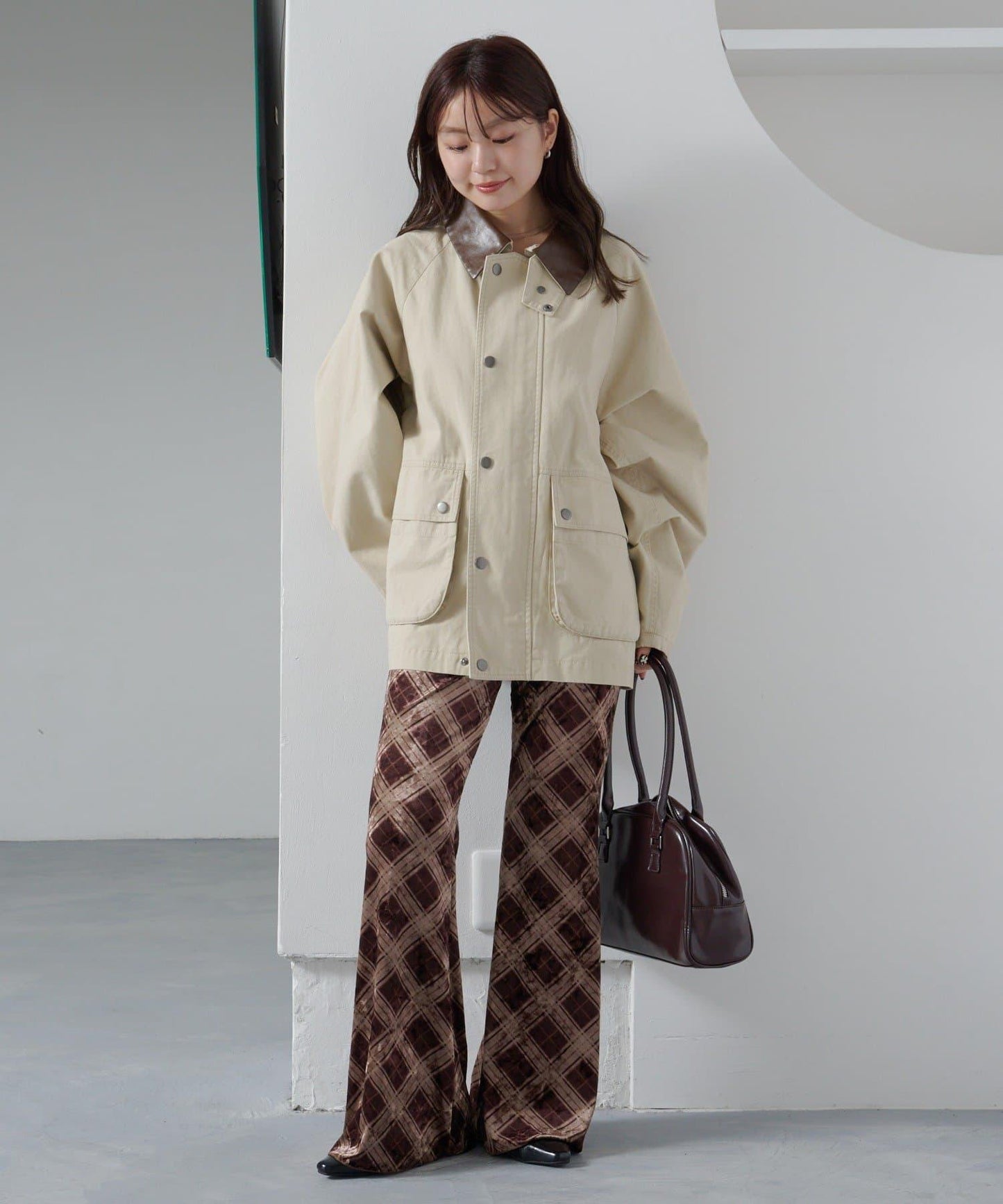 【Kastane】格紋天鵝絨喇叭褲