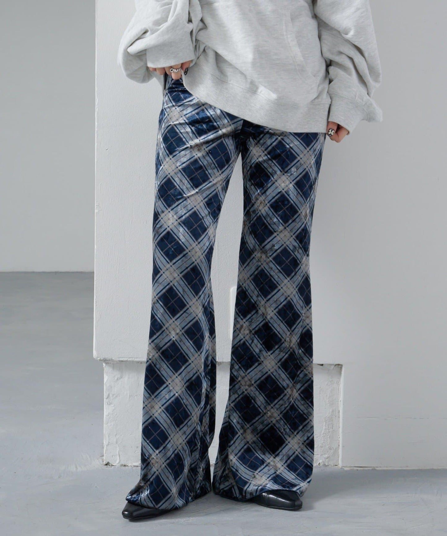 【Kastane】格紋天鵝絨喇叭褲