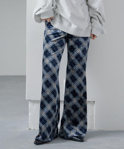 【Kastane】格紋天鵝絨喇叭褲