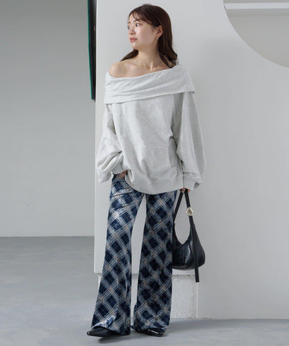 【Kastane】格紋天鵝絨喇叭褲