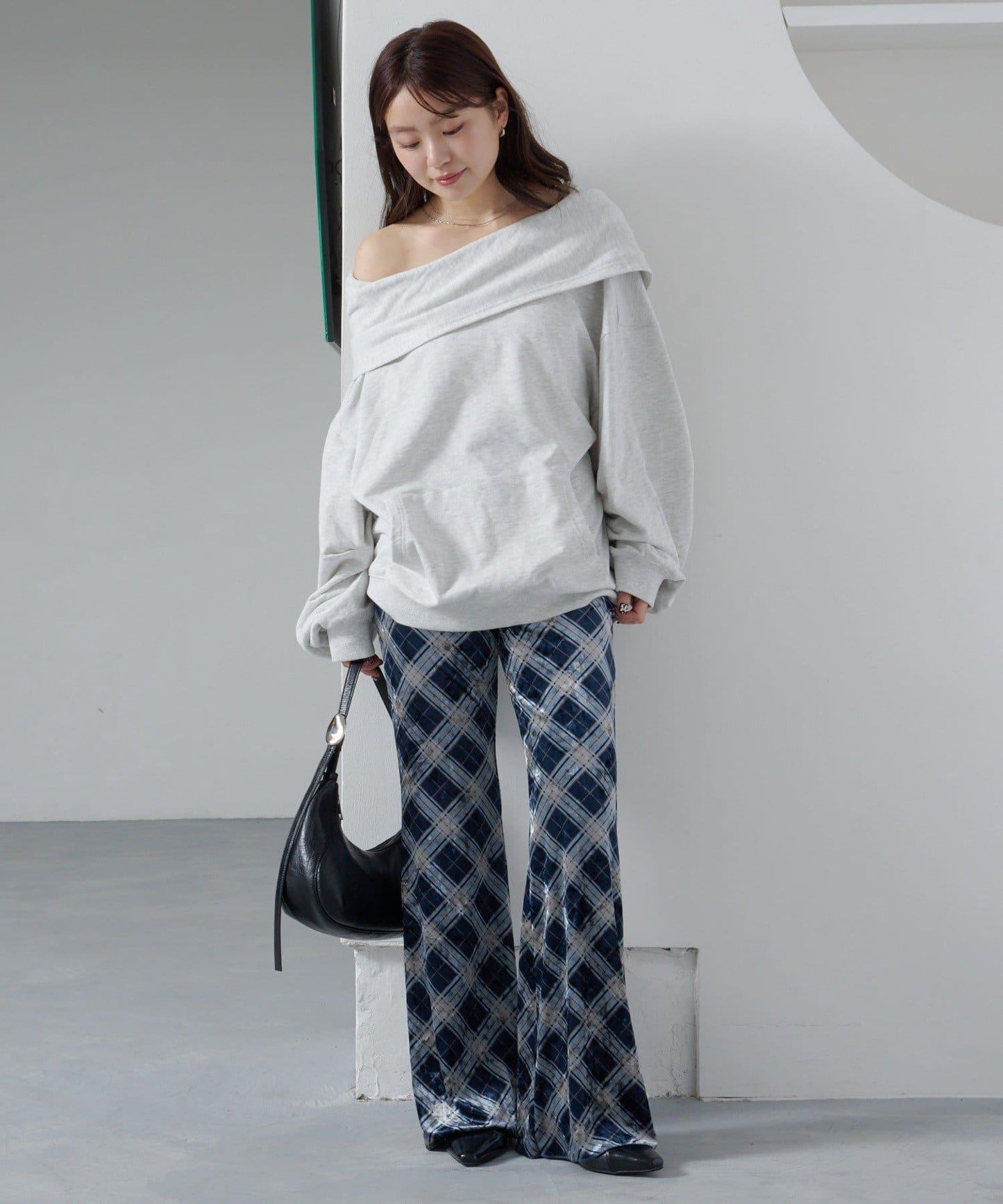 【Kastane】格紋天鵝絨喇叭褲