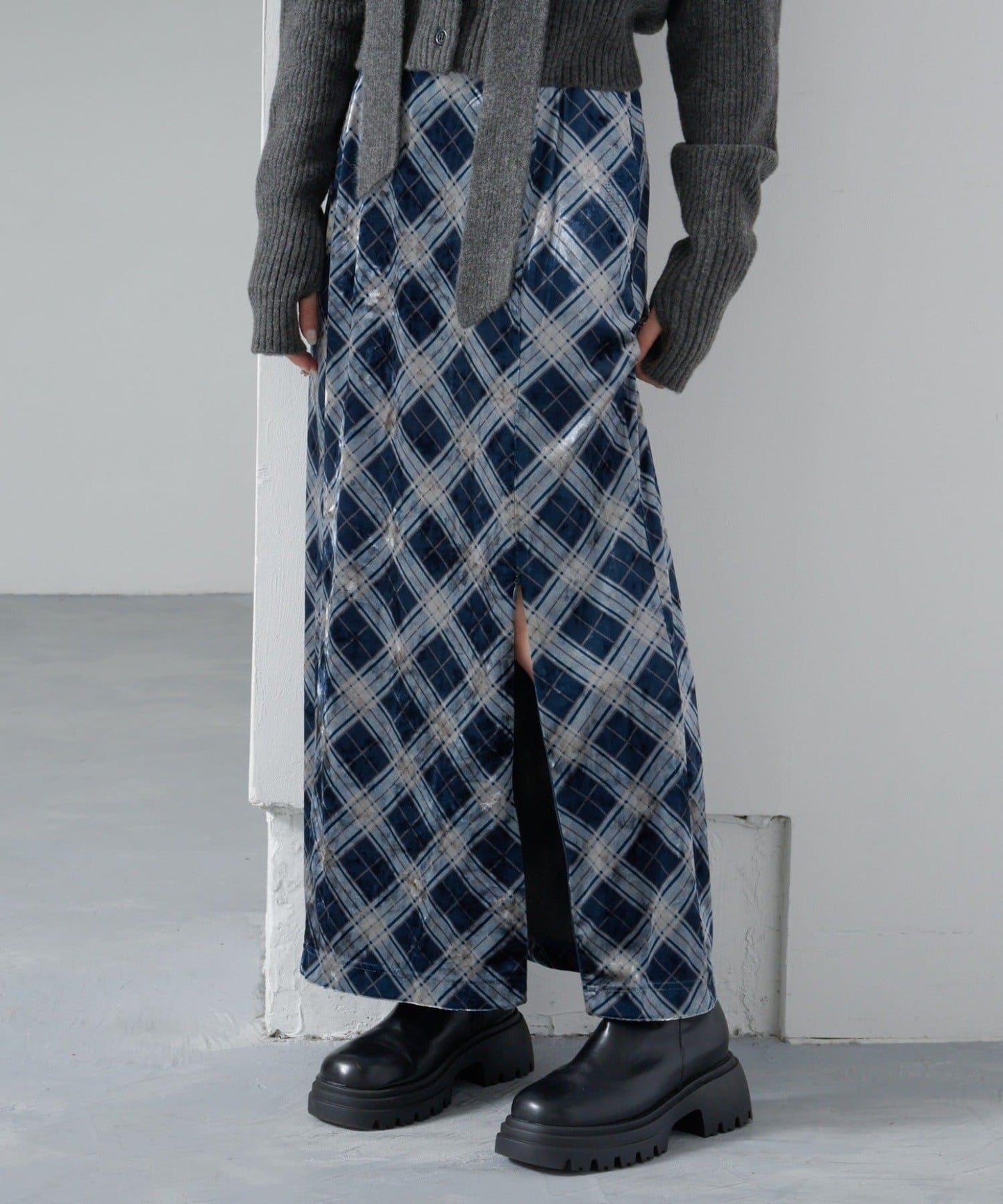 【Kastane】格紋天鵝絨半身裙