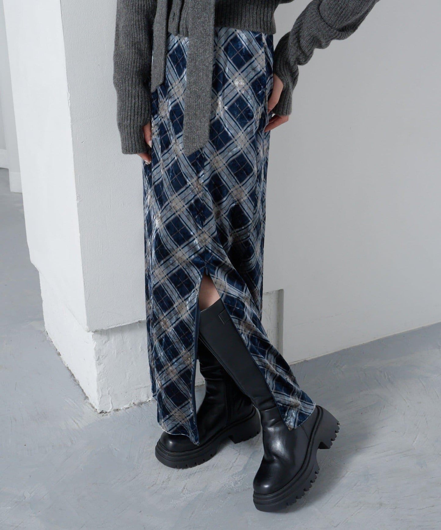 【Kastane】格紋天鵝絨半身裙