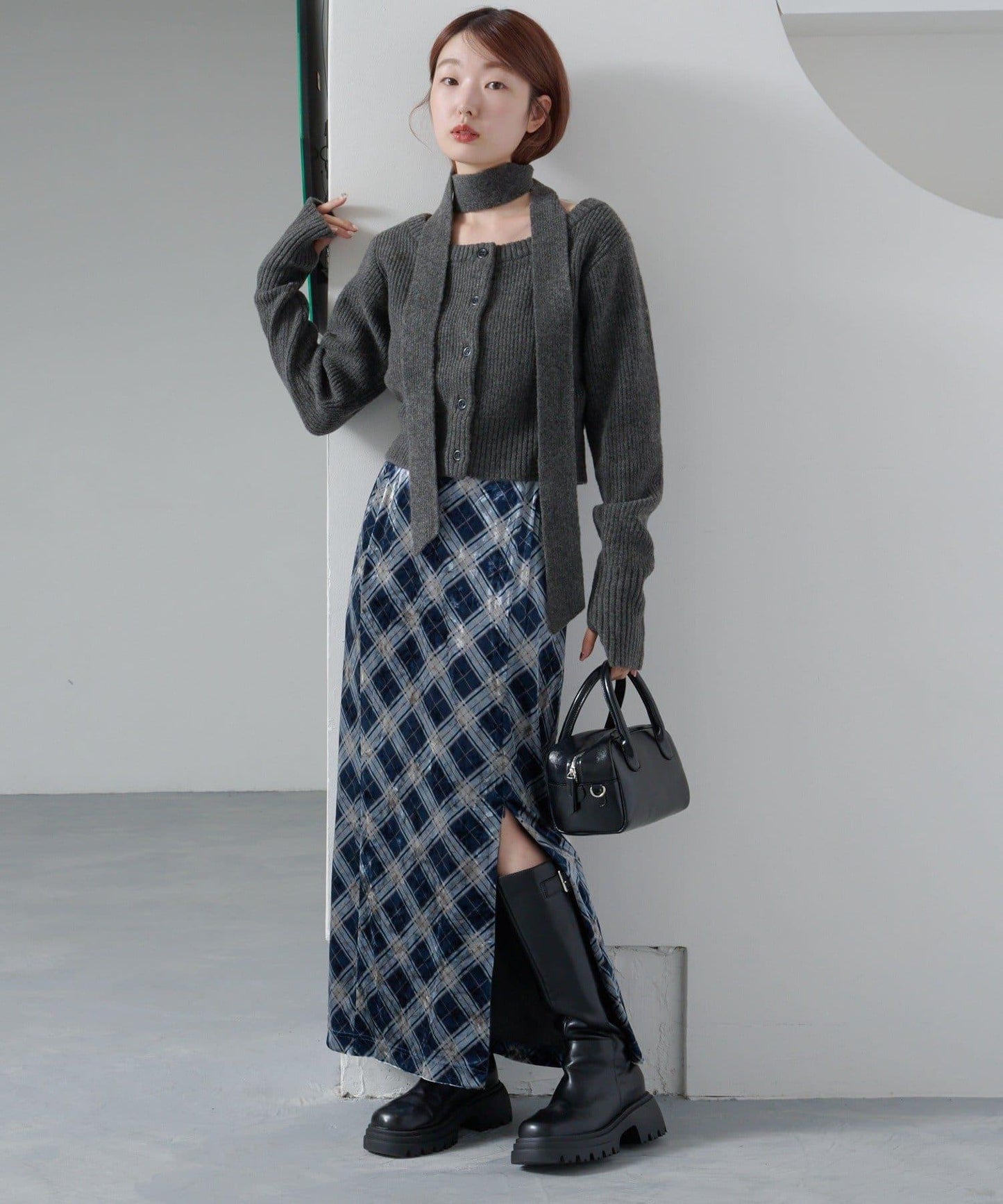 【Kastane】格紋天鵝絨半身裙