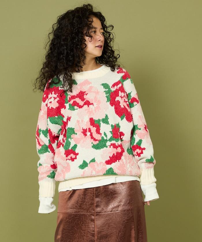 燈芯絨花卉圖案針織衫