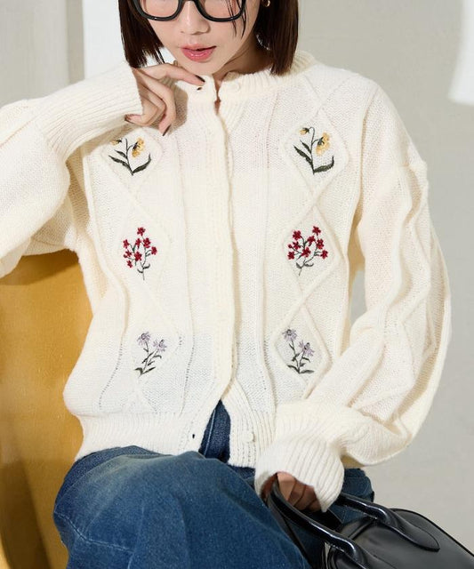 菱形圖案麻花花卉刺繡針織開衫