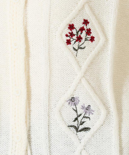 菱形圖案麻花花卉刺繡針織開衫