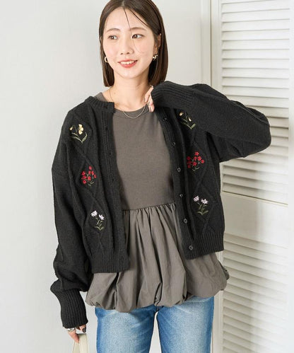菱形圖案麻花花卉刺繡針織開衫