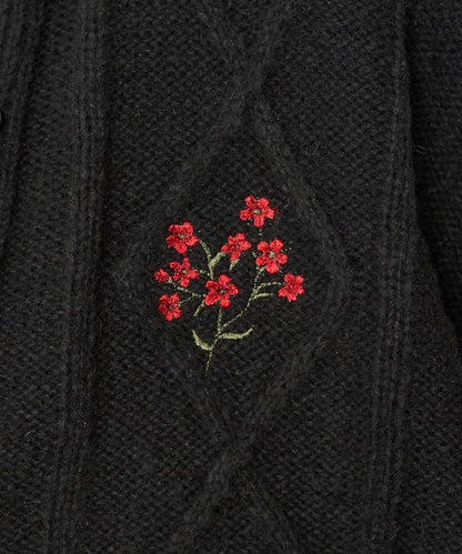 菱形圖案麻花花卉刺繡針織開衫