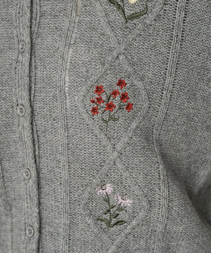 菱形圖案麻花花卉刺繡針織開衫
