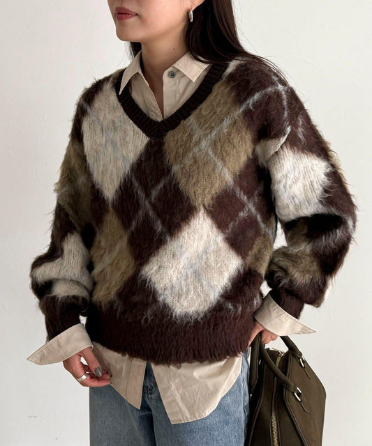 菱格紋磨毛V領針織衫