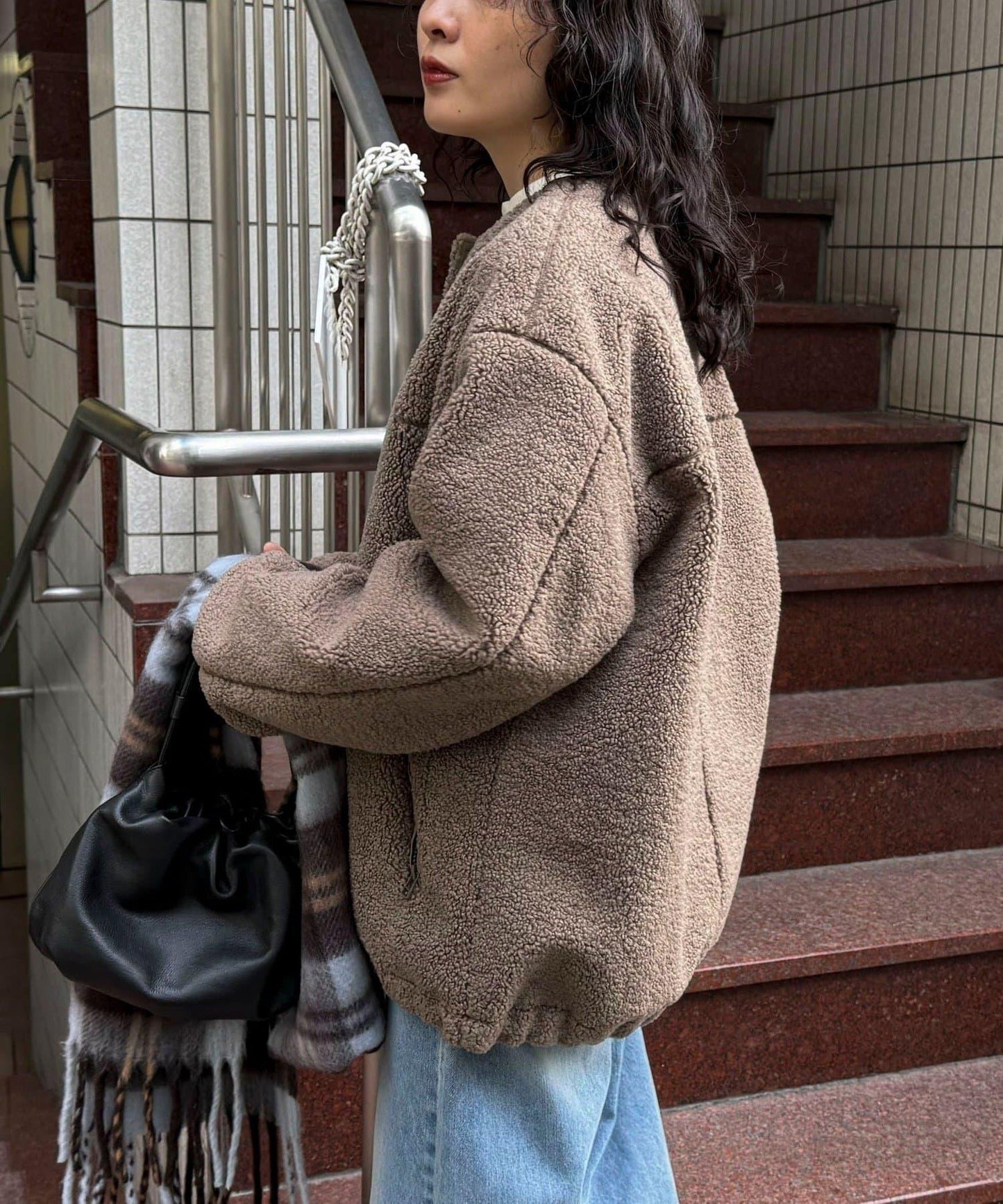 仿羊羔絨無領夾克