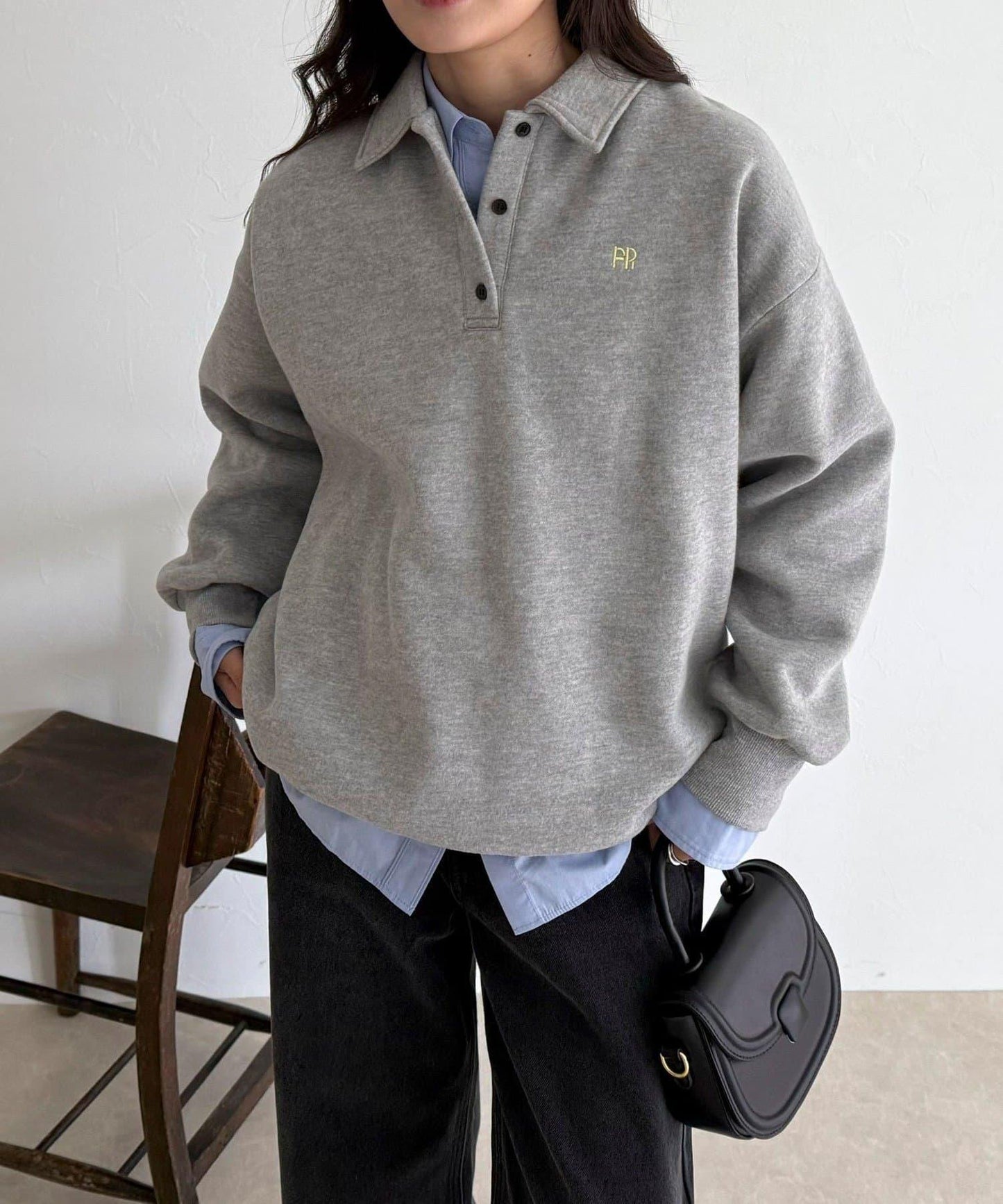 FR刺繡翻領加絨衛衣套頭衫