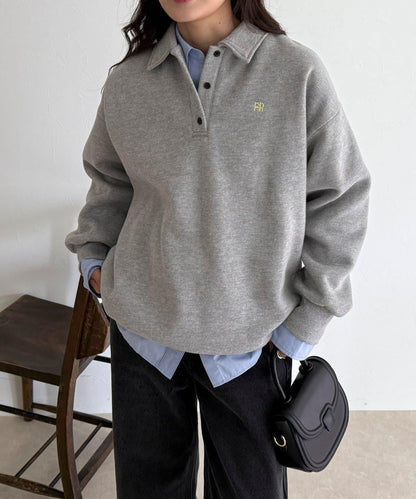 FR刺繡翻領加絨衛衣套頭衫