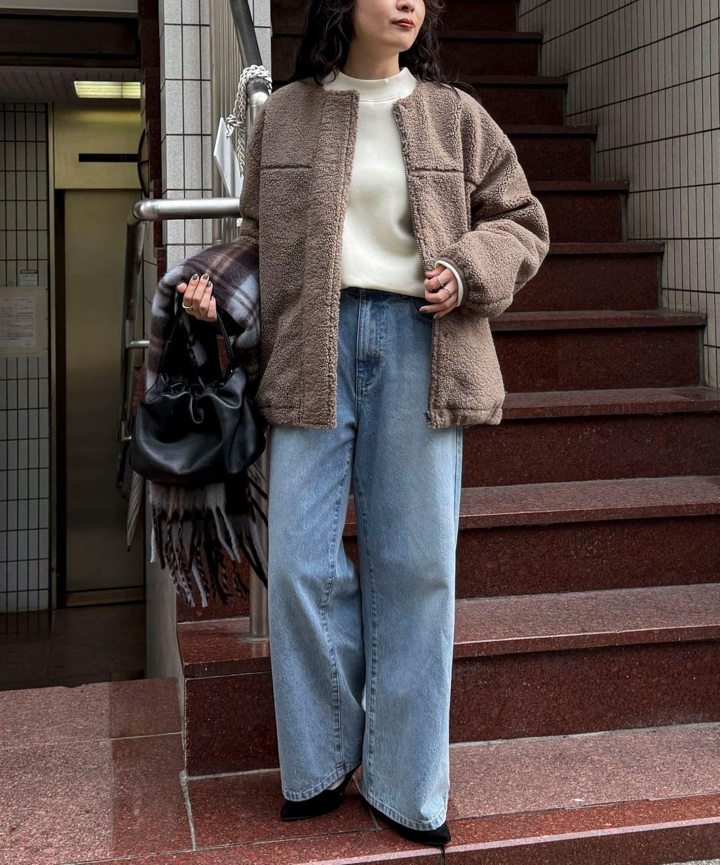 仿羊羔絨無領夾克