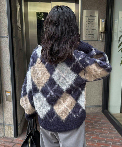 菱格紋磨毛V領針織衫