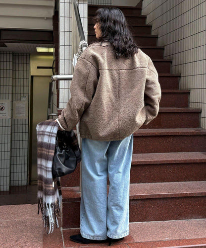 仿羊羔絨無領夾克