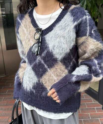 菱格紋磨毛V領針織衫