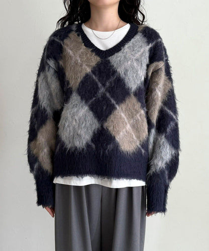 菱格紋磨毛V領針織衫