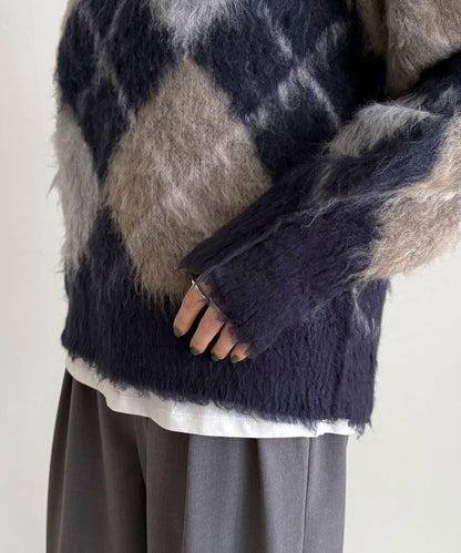 菱格紋磨毛V領針織衫