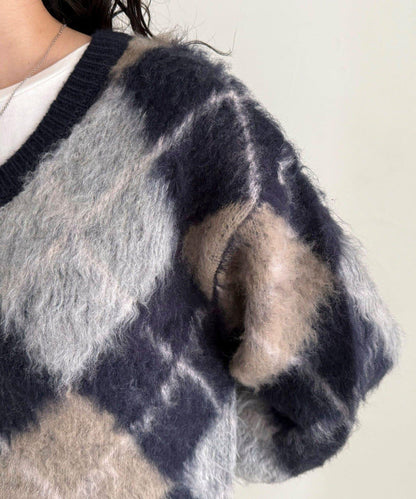 菱格紋磨毛V領針織衫