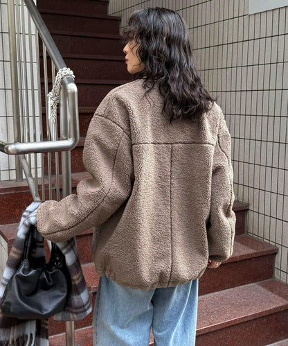 仿羊羔絨無領夾克