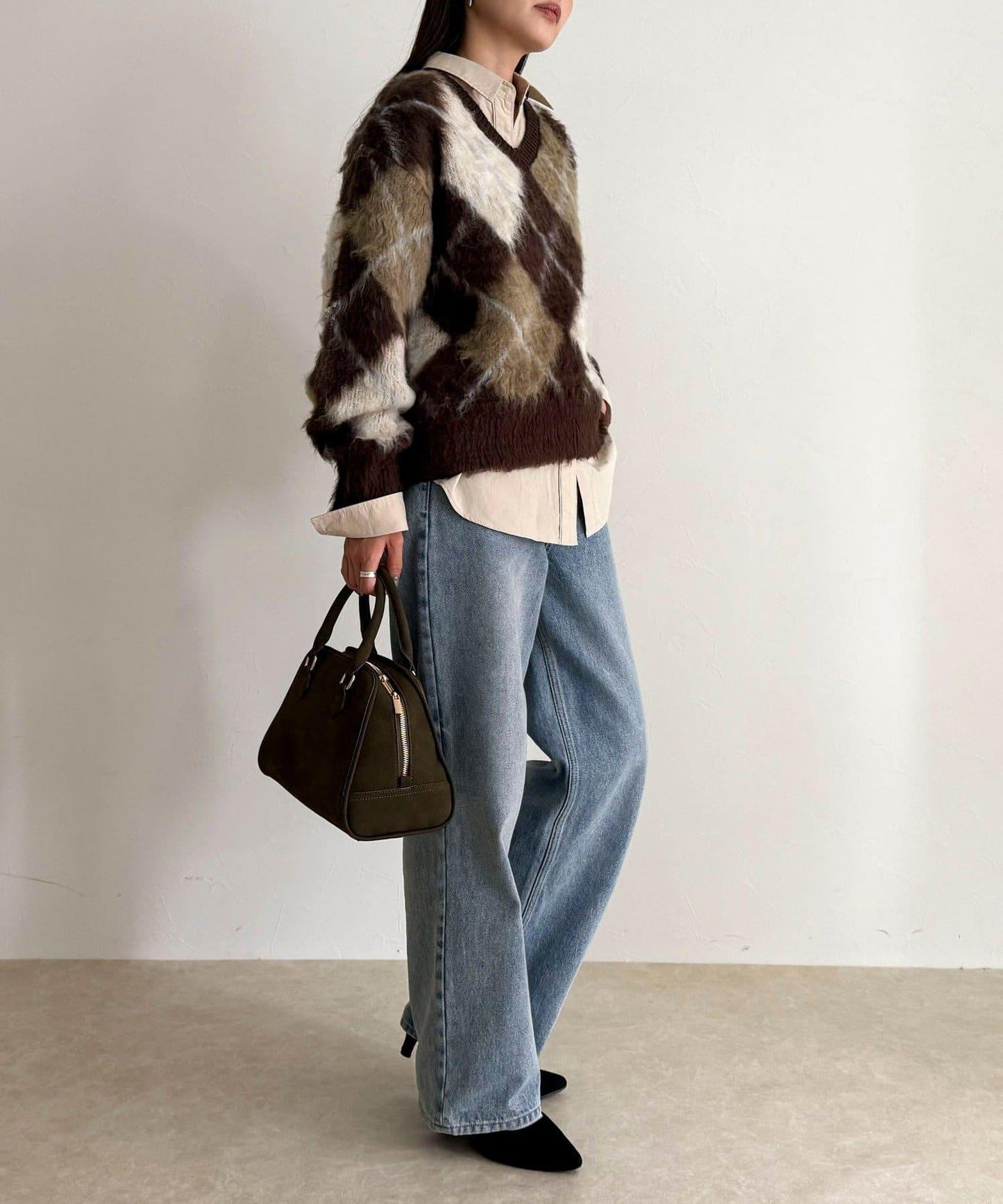 菱格紋磨毛V領針織衫