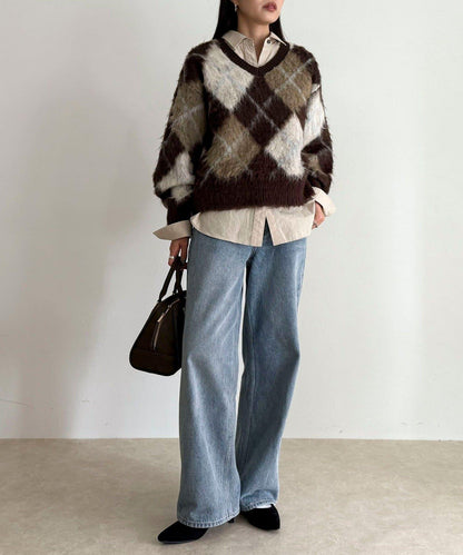 菱格紋磨毛V領針織衫