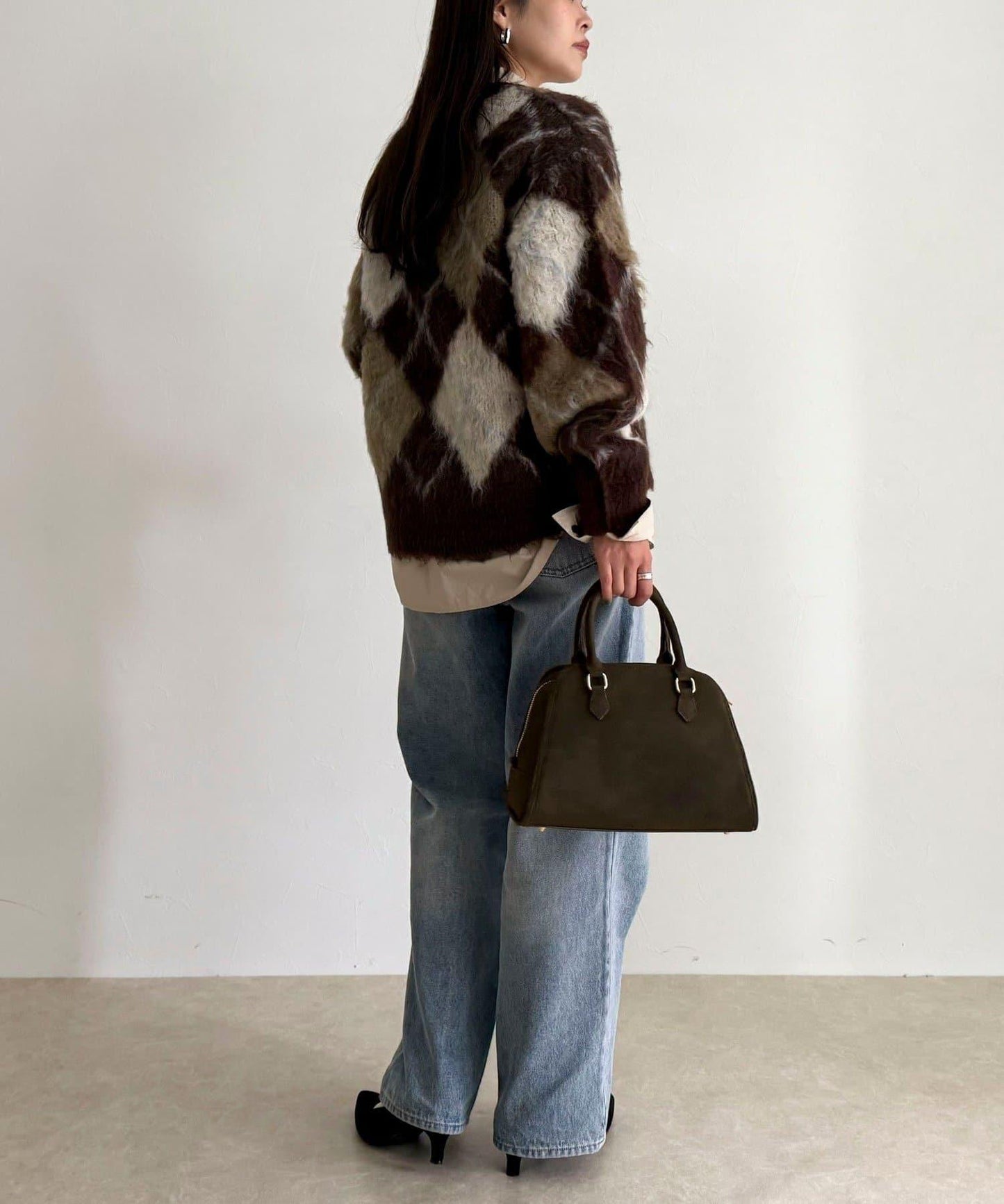 菱格紋磨毛V領針織衫