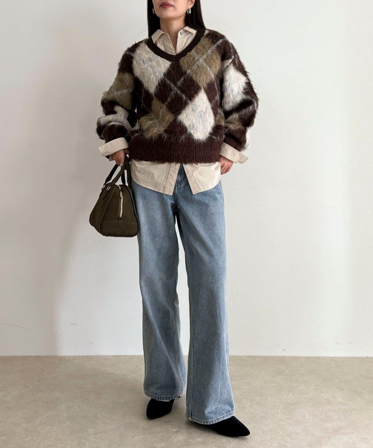 菱格紋磨毛V領針織衫