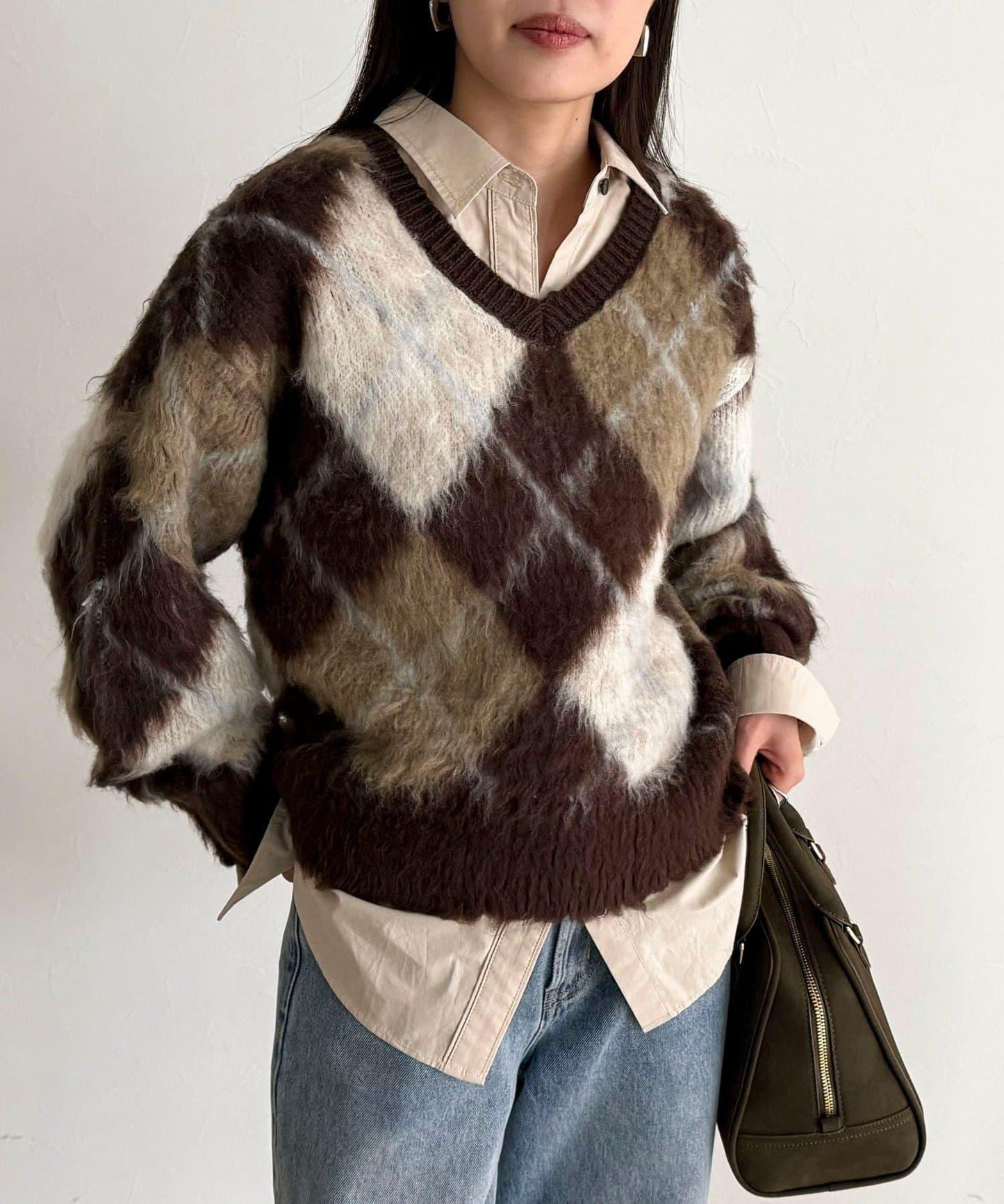 菱格紋磨毛V領針織衫