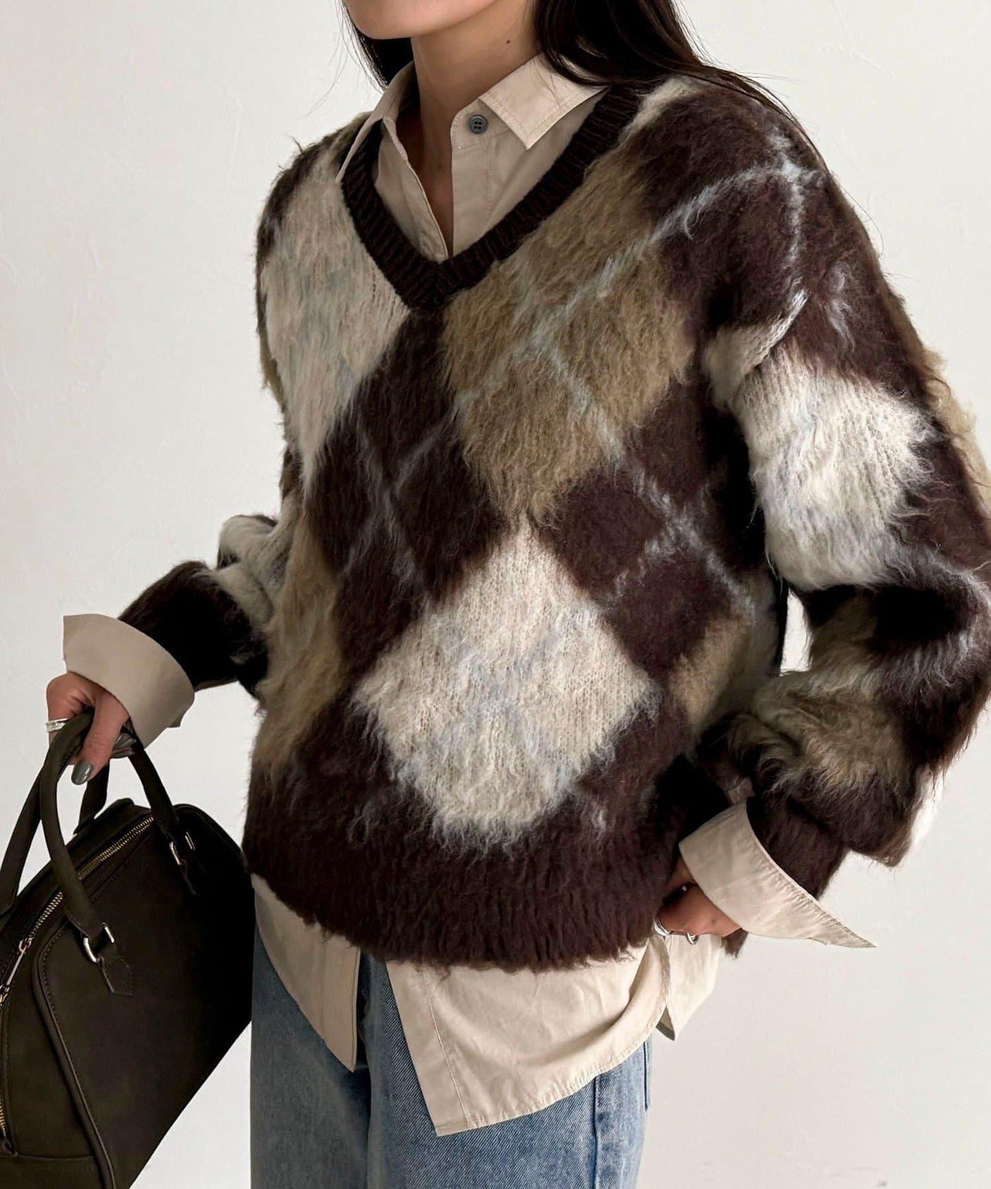 菱格紋磨毛V領針織衫