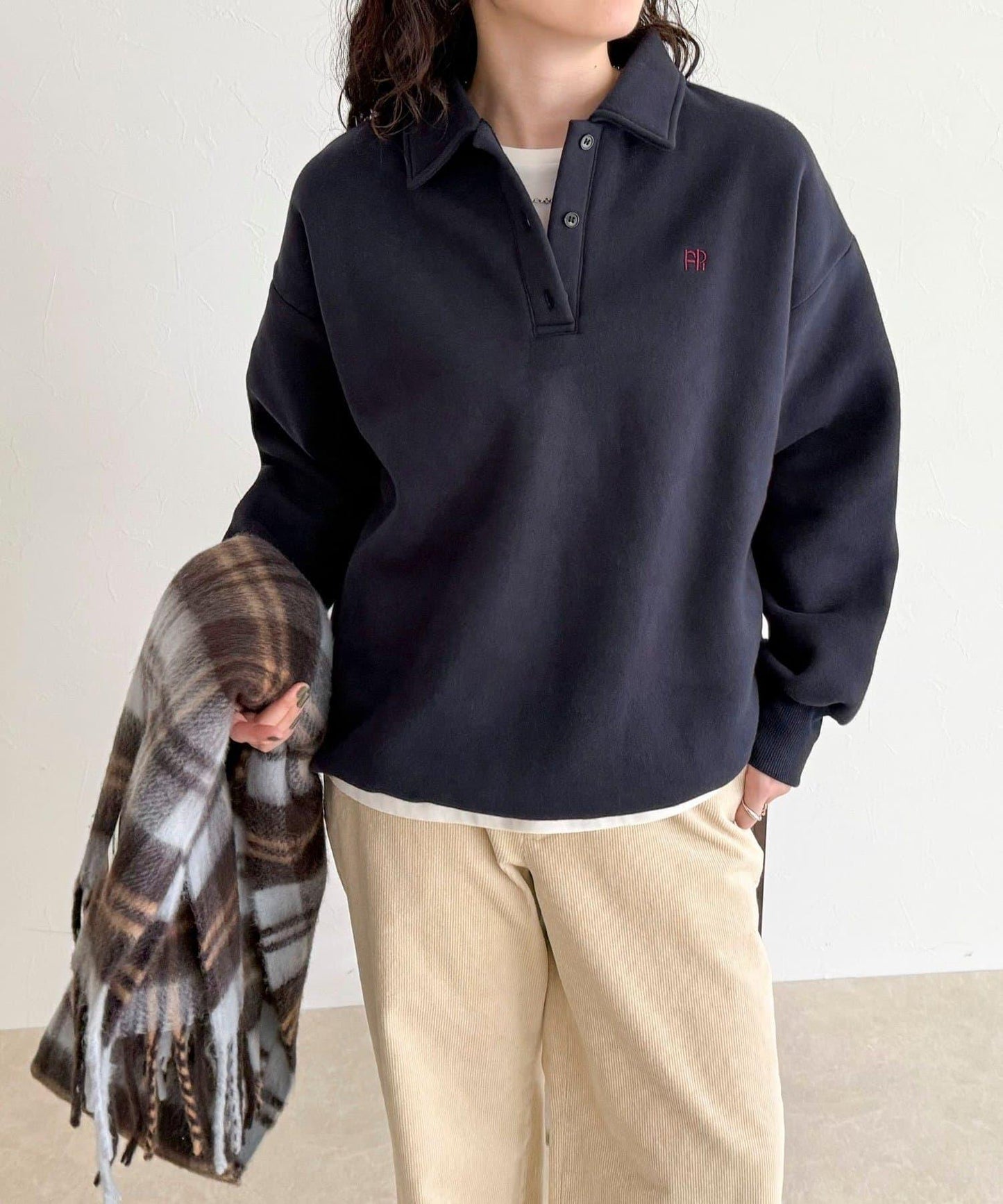 FR刺繡翻領加絨衛衣套頭衫