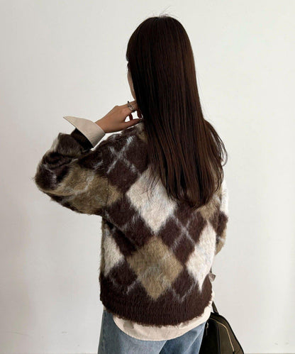 菱格紋磨毛V領針織衫