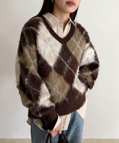 菱格紋磨毛V領針織衫