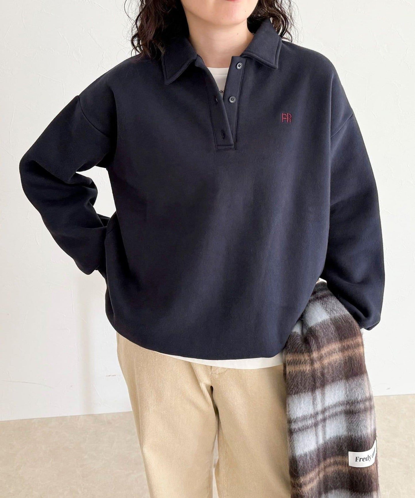 FR刺繡翻領加絨衛衣套頭衫