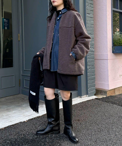 仿羊羔絨無領夾克